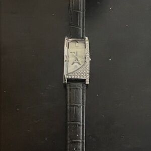 Classic Black Leather Strap Watch with Crystal Accents